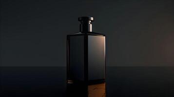 A black bottle sitting on a table with a dark background photo