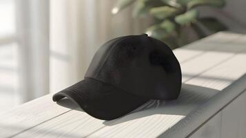 A baseball cap sitting on a table in front of a window photo