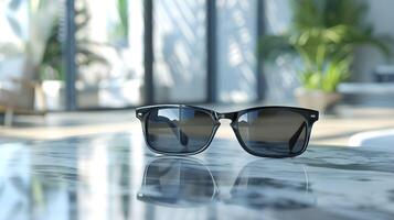 Sunglasses on a marble table in front of a window photo