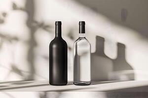 Two wine bottles on a table with shadows photo