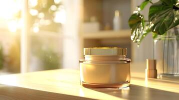 A jar of cream on a table in front of a window photo