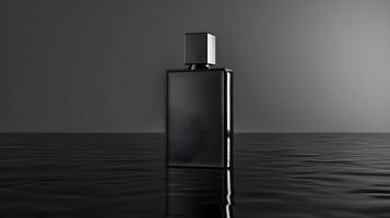 A black perfume bottle sitting on top of a table photo