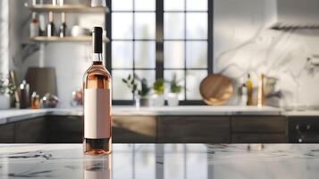 A bottle of wine sitting on a counter in a kitchen photo