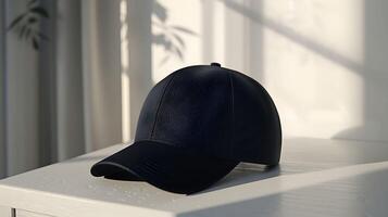 A black baseball cap sitting on top of a table photo