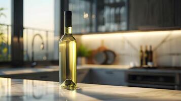 A bottle of olive oil sitting on a counter top photo