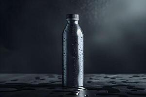 A black water bottle sitting on a table with water droplets photo