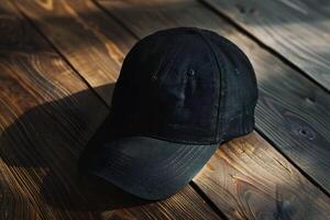 A black baseball cap sitting on a wooden table photo