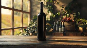A bottle of wine sitting on a table in front of a window photo