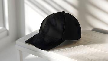 A black baseball cap sitting on a table photo