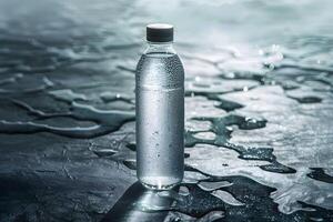 A bottle of water sitting on a wet surface photo