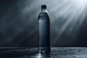 A bottle of water sitting on a table with water droplets photo