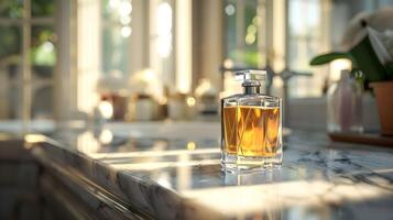 A bottle of perfume sitting on a counter top photo