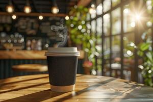 A coffee cup sitting on a wooden table in front of a window photo