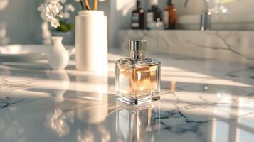 A perfume bottle sitting on a marble counter photo