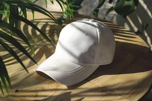White baseball cap on wooden table with plants photo