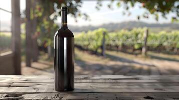 A wine bottle sitting on a wooden table in front of a vineyard photo