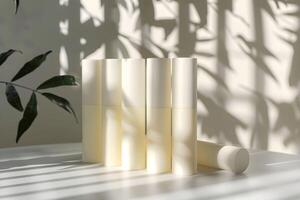 Five white tubes sitting on a table next to a plant photo