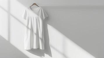 A white dress hangs on a wall in front of a window photo