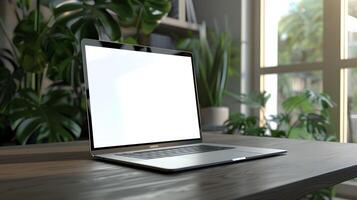Laptop on wooden table with blank screen photo