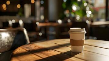 A coffee cup sits on a wooden table photo