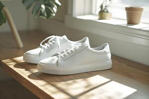 White sneakers on a wooden table near a window photo