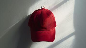 A red baseball cap on a wall photo