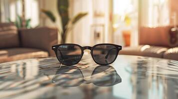 A pair of sunglasses on a table in front of a couch photo