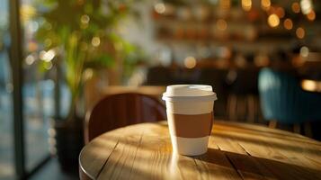 A coffee cup sitting on a wooden table in front of a window photo
