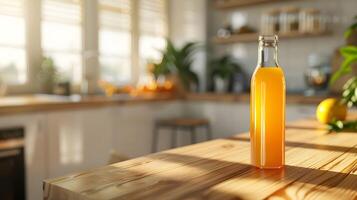 A bottle of orange juice sitting on a wooden counter photo