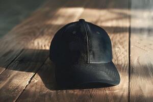 A black baseball cap sitting on a wooden table photo