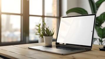 Laptop on wooden desk with window in the background photo