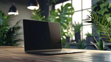 A laptop sitting on a wooden table in front of a window photo