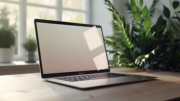 A laptop is sitting on a wooden table in front of a window photo