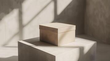A box sitting on top of a white cube photo