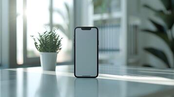 An iphone sitting on a table with a plant in the background photo