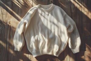 A white sweater on a wooden floor photo