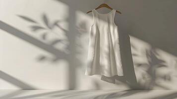 White dress hanging on a hanger in front of a window photo