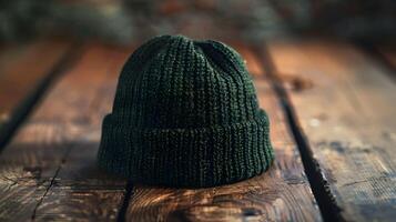 A green beanie on a wooden table photo