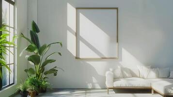 A white living room with a large picture frame photo