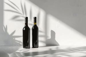 Two wine bottles on a table with shadows photo