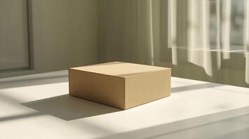 A box sitting on a table in front of a window photo