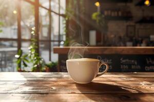 A cup of coffee on a table in front of a window photo