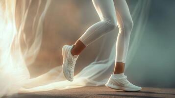 A woman in white leggings and sneakers is running photo