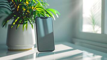 Smartphone with a plant on a table photo