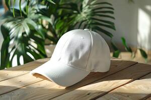 A white baseball cap sitting on top of a wooden table photo