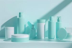 A collection of cosmetic products on a shelf photo