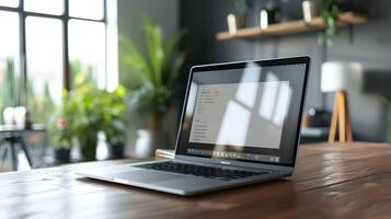 A laptop is sitting on a wooden table in a room with a window photo