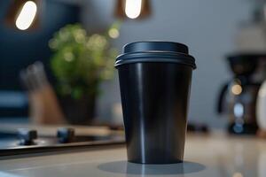 A black coffee cup sitting on a counter photo