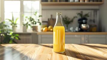 A bottle of orange juice sitting on a table in a kitchen photo