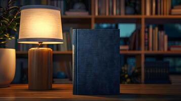 A book on a table next to a lamp photo